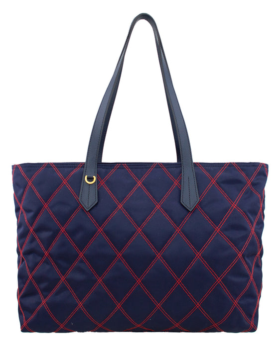 Navy Blue and Red Quilted Tessuto Impunto Tote Bag