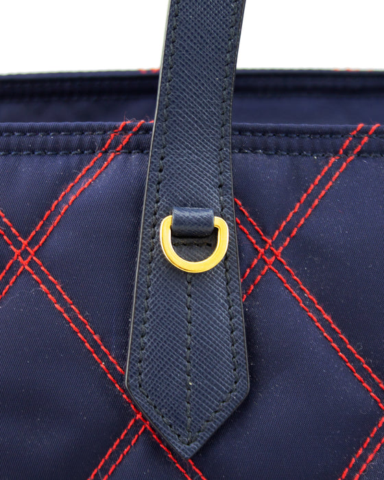 Navy Blue and Red Quilted Tessuto Impunto Tote Bag