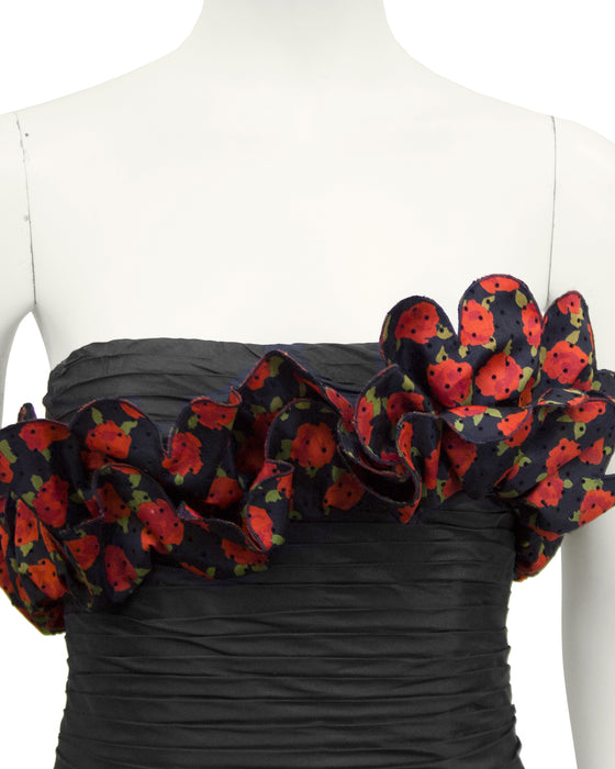 Black and Red Strapless Cocktail Dress with Roses