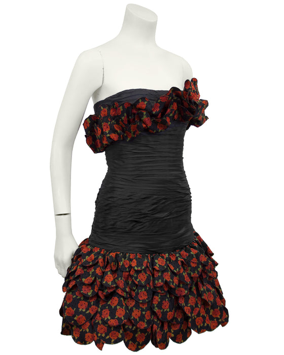 Black and Red Strapless Cocktail Dress with Roses