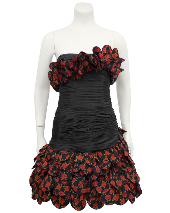 Black and Red Strapless Cocktail Dress with Roses