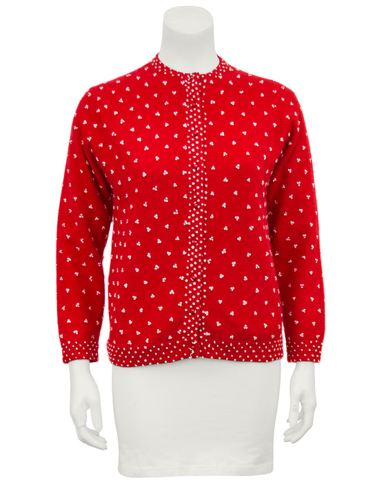 Red Knit Cardigan with French Knot Details