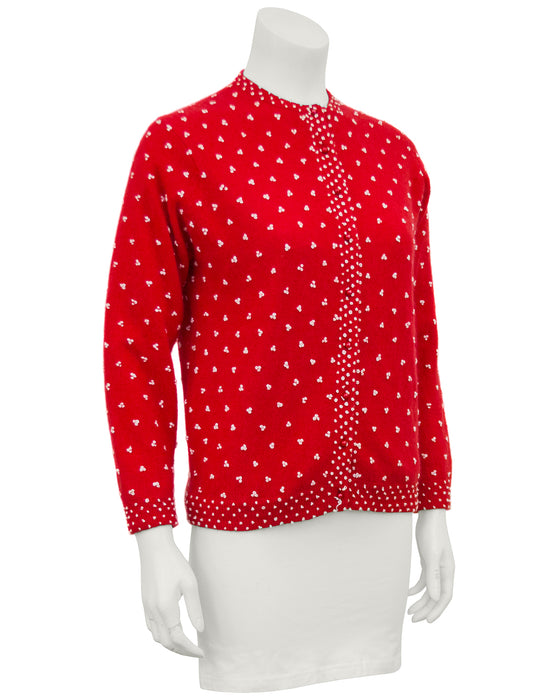 Red Knit Cardigan with French Knot Details