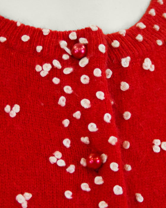 Red Knit Cardigan with French Knot Details