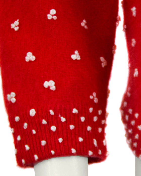 Red Knit Cardigan with French Knot Details