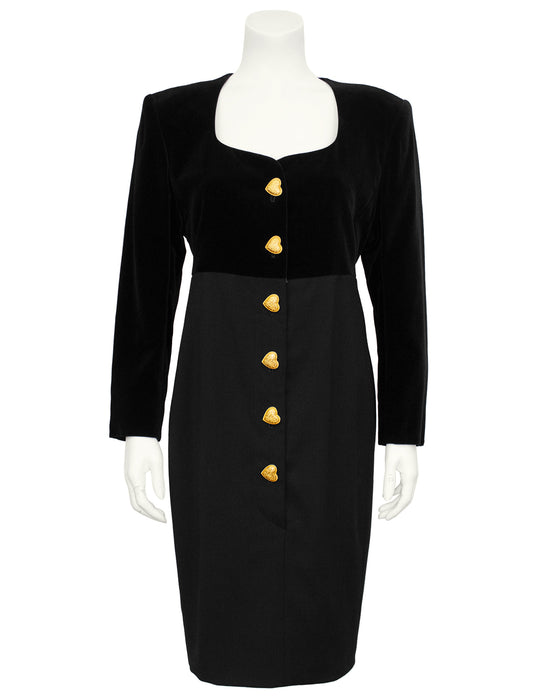 Black Velvet and Wool Dress with Gold Heart Buttons