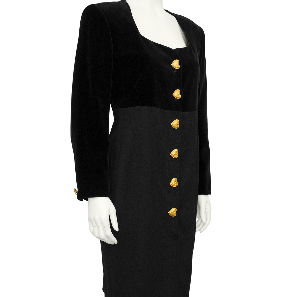 Black Velvet and Wool Dress with Gold Heart Buttons – Vintage Couture