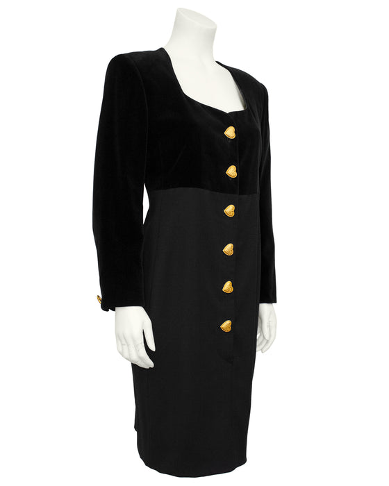 Black Velvet and Wool Dress with Gold Heart Buttons