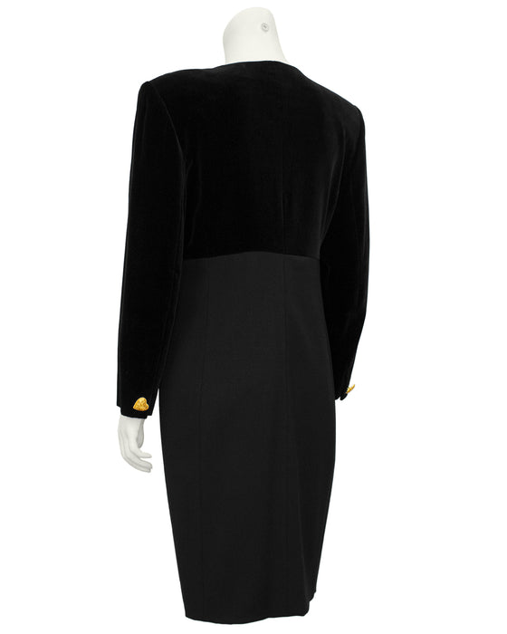Black Velvet and Wool Dress with Gold Heart Buttons
