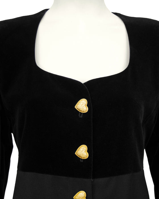 Black Velvet and Wool Dress with Gold Heart Buttons