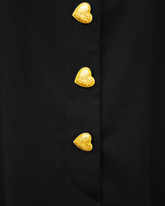 Black Velvet and Wool Dress with Gold Heart Buttons