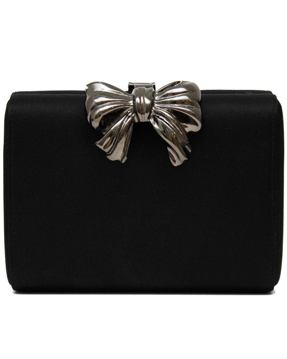 Black Satin Clutch with Metal Bow Detail