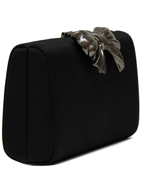 Black Satin Clutch with Metal Bow Detail