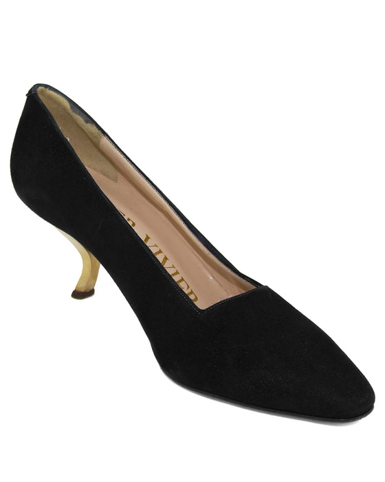 Black Evening Shoe With Gold Metal Apostrophe Heels