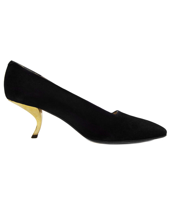 Black Evening Shoe With Gold Metal Apostrophe Heels