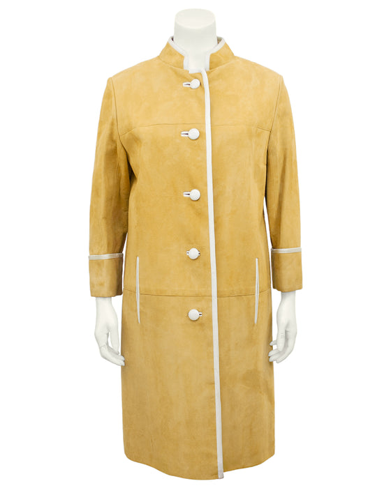 Beige Suede Coat with Cream Piping and Plaid Lining