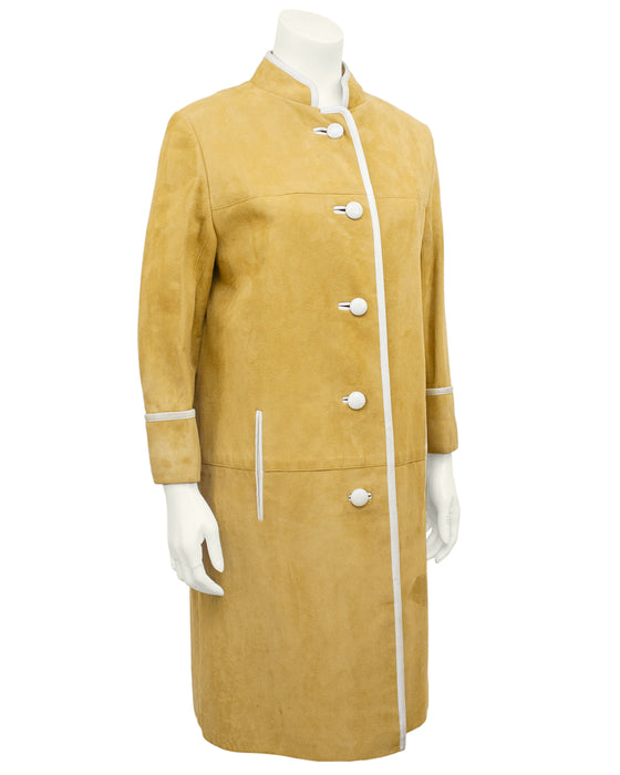 Beige Suede Coat with Cream Piping and Plaid Lining