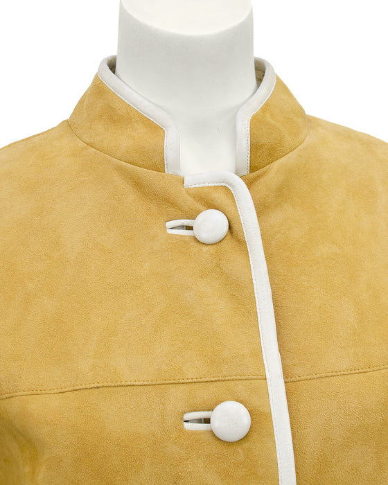 Beige Suede Coat with Cream Piping and Plaid Lining