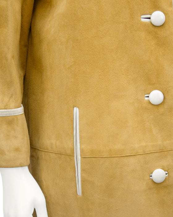 Beige Suede Coat with Cream Piping and Plaid Lining