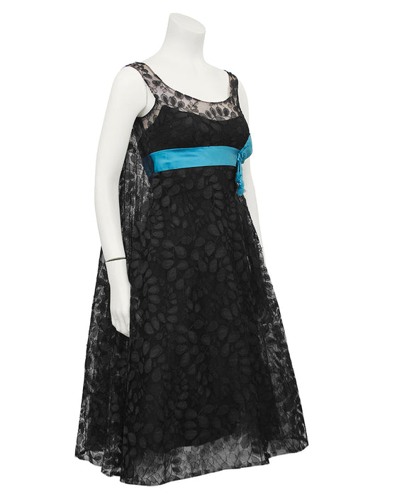 Black Lace Cocktail Dress with Turquoise Ribbon Black Lace Cocktail Dress with Turquoise Ribbon