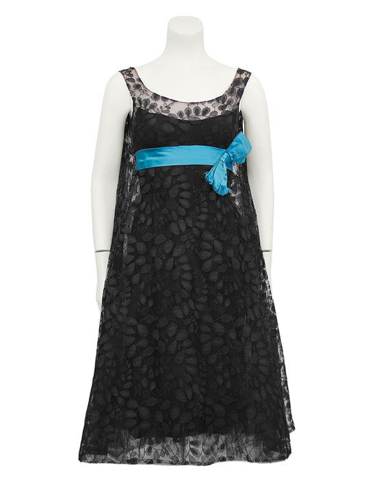 Black Lace Cocktail Dress with Turquoise Ribbon