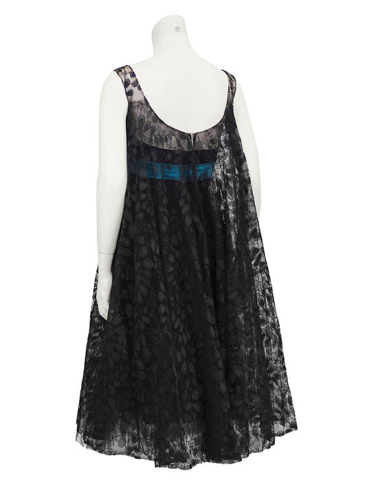 Black Lace Cocktail Dress with Turquoise Ribbon Vintage Couture Black Lace Cocktail Dress with Turquoise Ribbon Vintage Couture