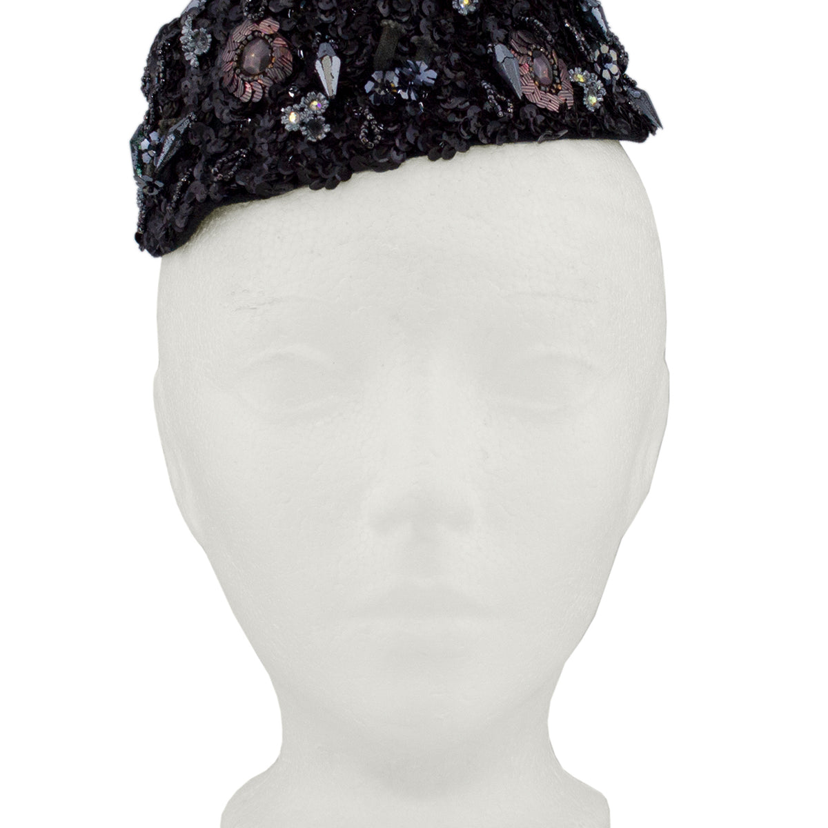 Vintage petite size black embellished ladies hat Black velour mini brimmed perching hat with antique metallic  main image 3