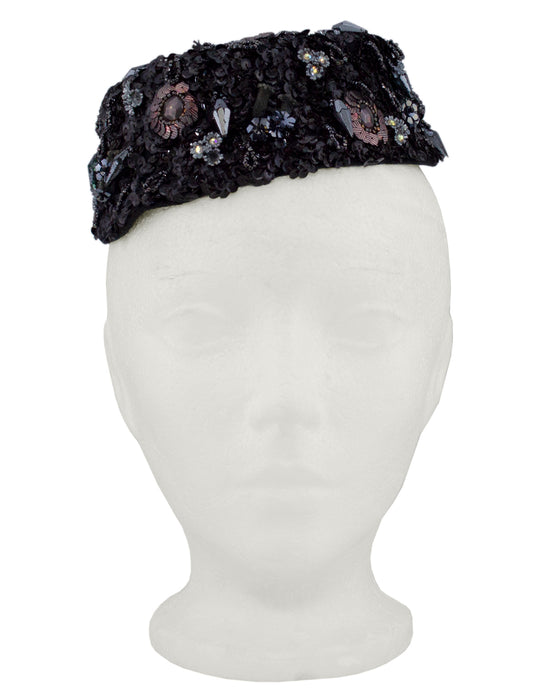 Black Sequin & Beaded Evening Hat