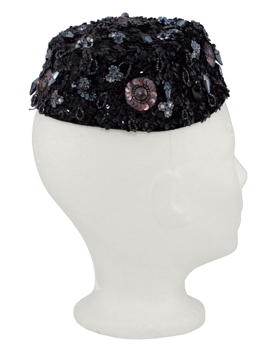 Black Sequin & Beaded Evening Hat