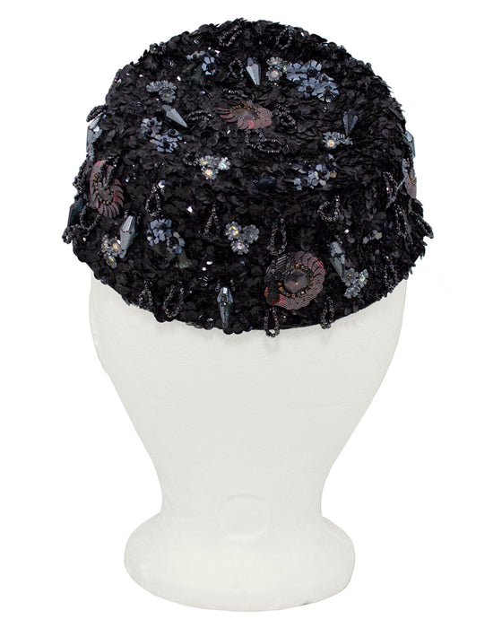 Black Sequin & Beaded Evening Hat