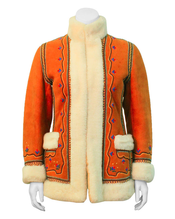 Tan Shearling Embroidered Coat