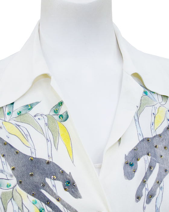 Cream Hand Painted & Jeweled Button Front Shirt