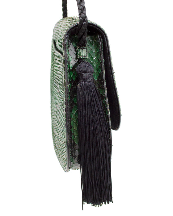 Green and Black Bag Patterned Leather with Tassels