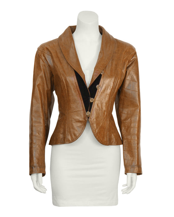 Brown Croc Embossed Brown Leather Jacket