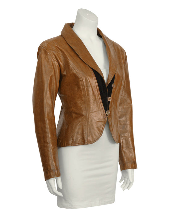 Brown Croc Embossed Brown Leather Jacket