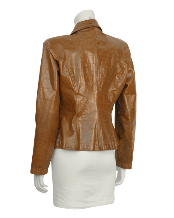 Brown Croc Embossed Brown Leather Jacket