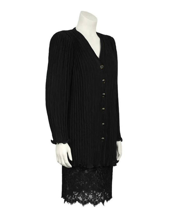 Black Fortuny Pleated Jacket With Lace Skirt