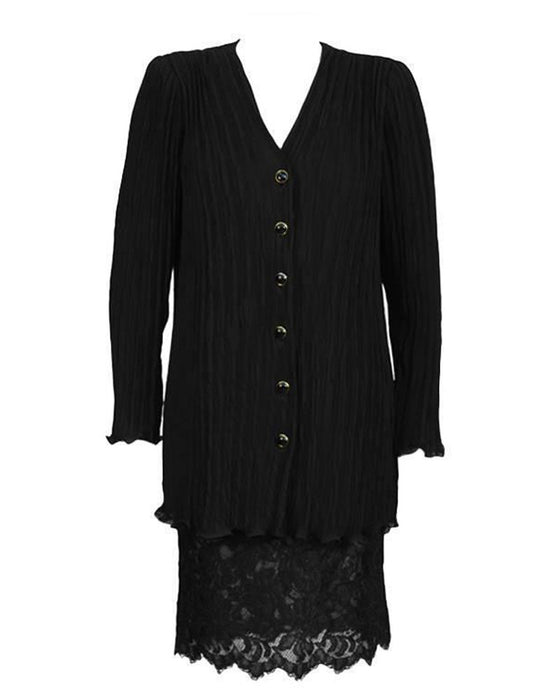 Black Fortuny Pleated Jacket With Lace Skirt