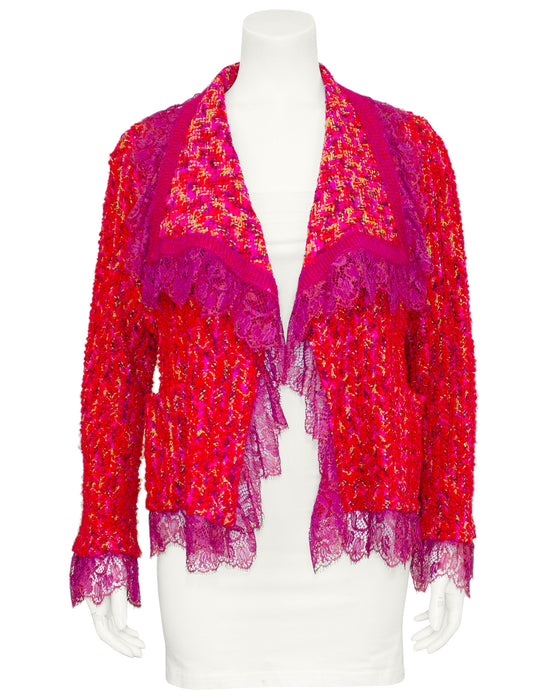 Pink and Purple Tweed and Lace Cardigan