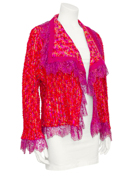 Pink and Purple Tweed and Lace Cardigan