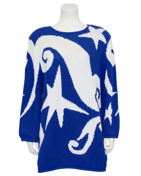 Blue and White Graphic Sweater