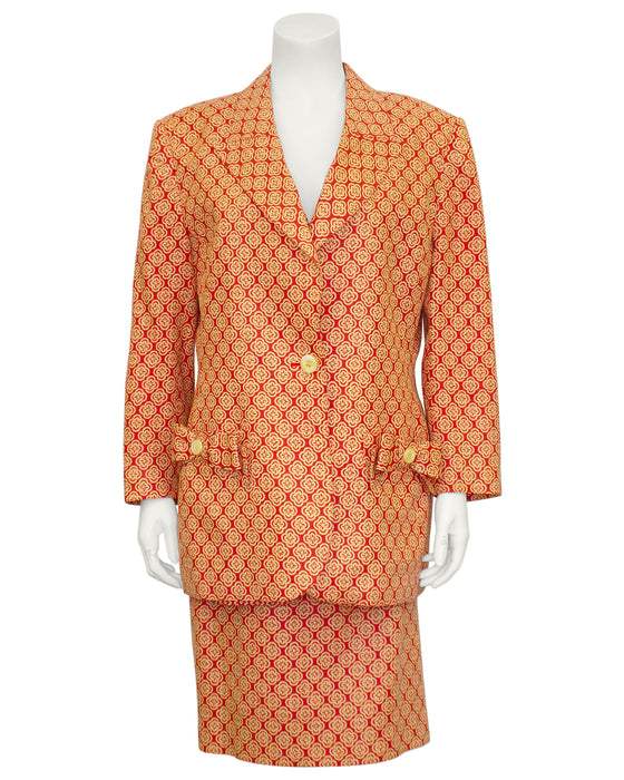 Orange and Beige Floral Printed 3 Piece Skirt Suit