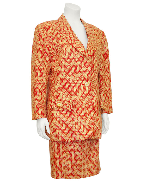 Orange and Beige Floral Printed 3 Piece Skirt Suit