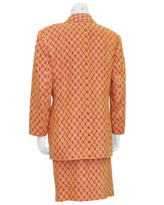 Orange and Beige Floral Printed 3 Piece Skirt Suit