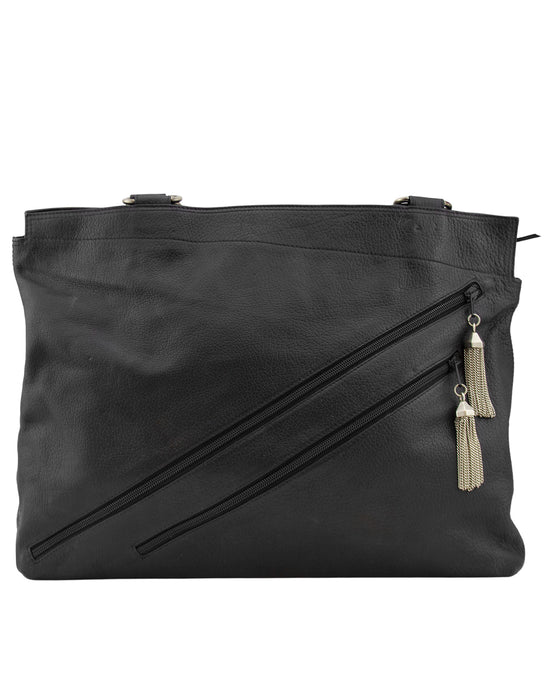 Black Leather Tote Bag with Zipper Details