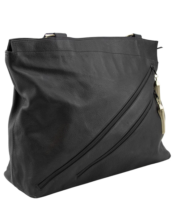 Black Leather Tote Bag with Zipper Details