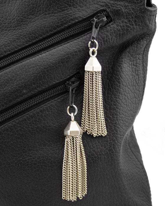Black Leather Tote Bag with Zipper Details