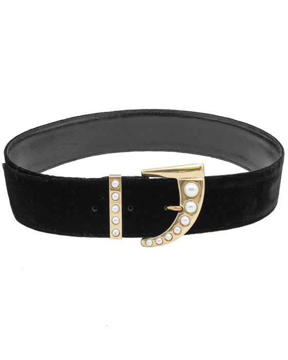 Black Velvet Belt with Pearl Buckle