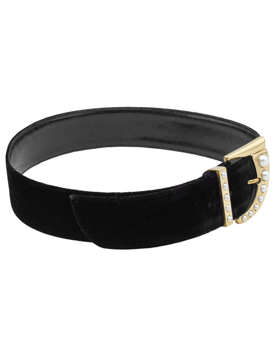 Black Velvet Belt with Pearl Buckle