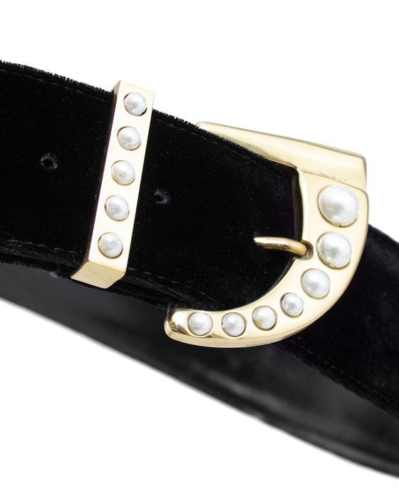 Black Velvet Belt with Pearl Buckle